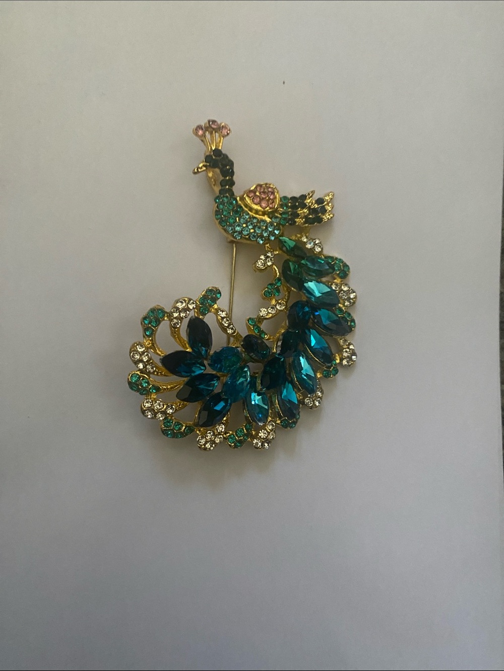 Gold Peacock Brooch with Teal and Green Crystals